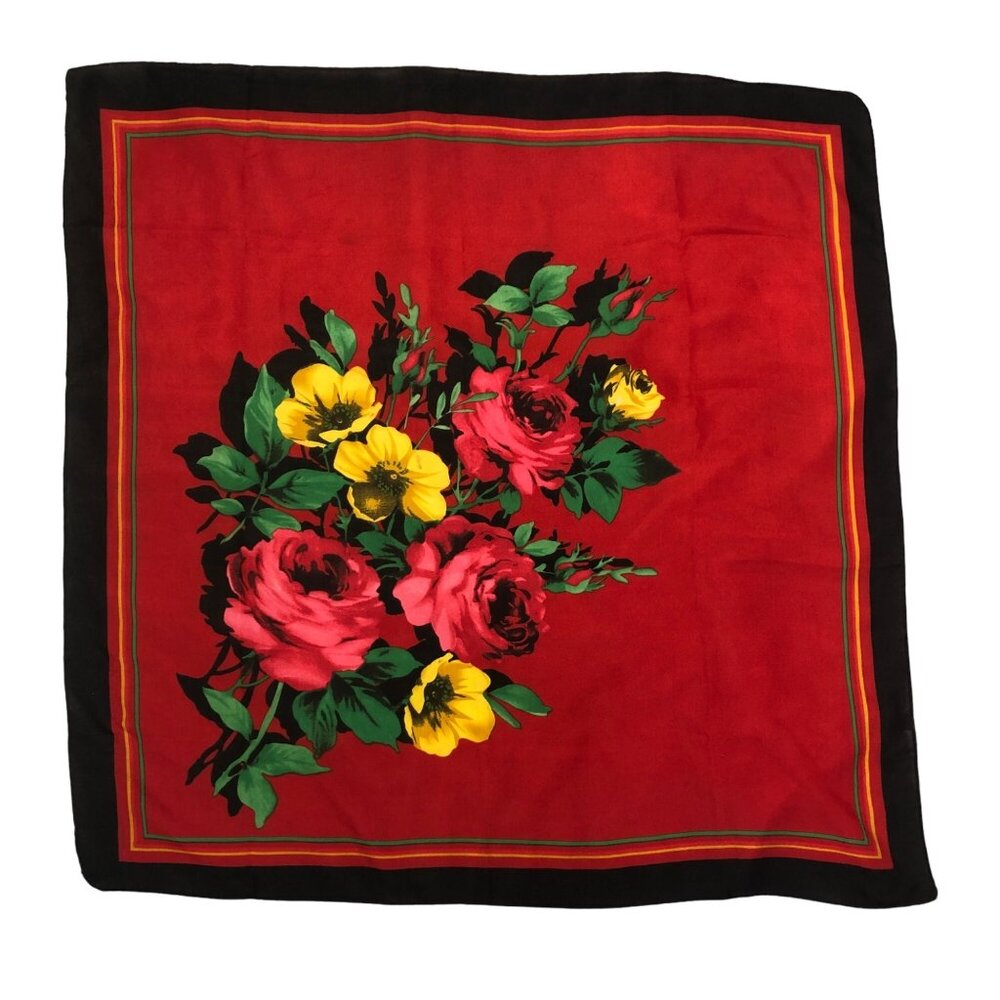 Red Black Floral Scarf Square Polyester Retro Vintage